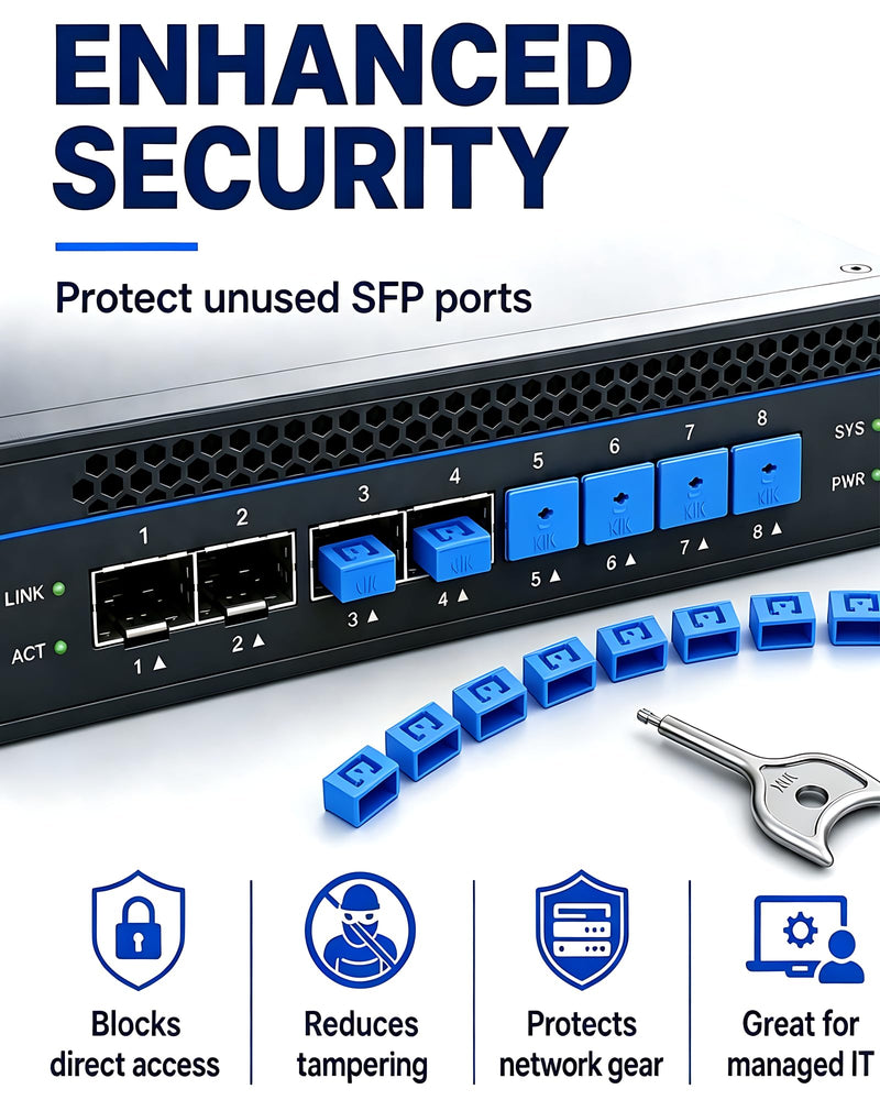 12-Pack SFP Port Lock with 1 Key,SFP Security Lock & Fiber Port Dust Plug,Prevent Unauthorized Network Access,SFP Dust Cover for Data Centers,Servers,Switches,Routers (Blue) 12+1 Blue