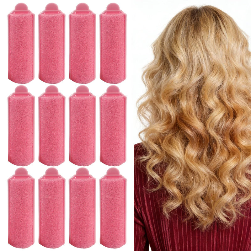 Foam Sponge Hair Rollers - 12 Piece Soft Flexible Curlers for Overnight Sleeping & Styling, Home Salon Use (Pink)