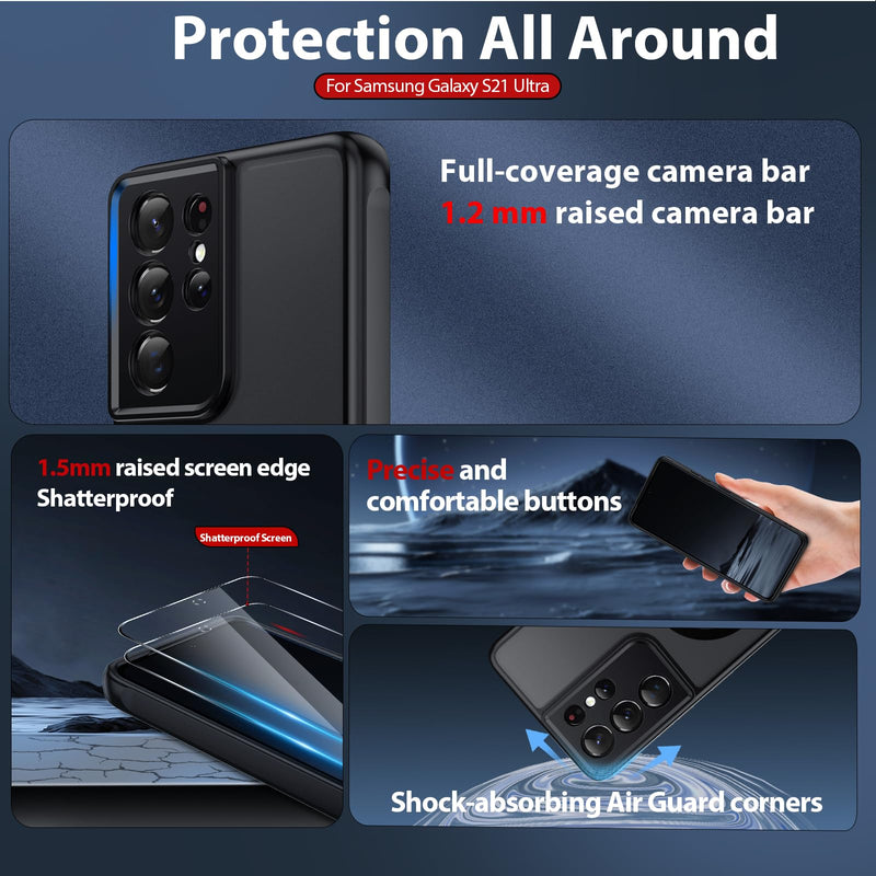 for S21 Ultra Phone Case, MagSafe Fit,Magnetic Matte,Black | 𝟐 𝐗 Screen Protector,Slim Translucent Matte Skin Feeling Shockproof Protective for Samsung Galaxy S21 Ultra Case Black Samsung Galaxy S21 Ultra 5G
