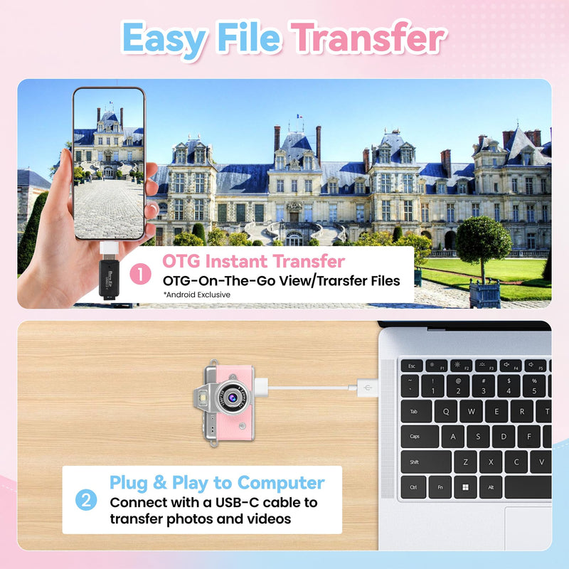 Mini Flip Screen Digital Camera, 1.47 Inch Pocket Retro Camera with USB-C Charging, 1080P/720P Video, MicroSD Support Up to 128GB, Portable Keychain Camera (Pink) Pink