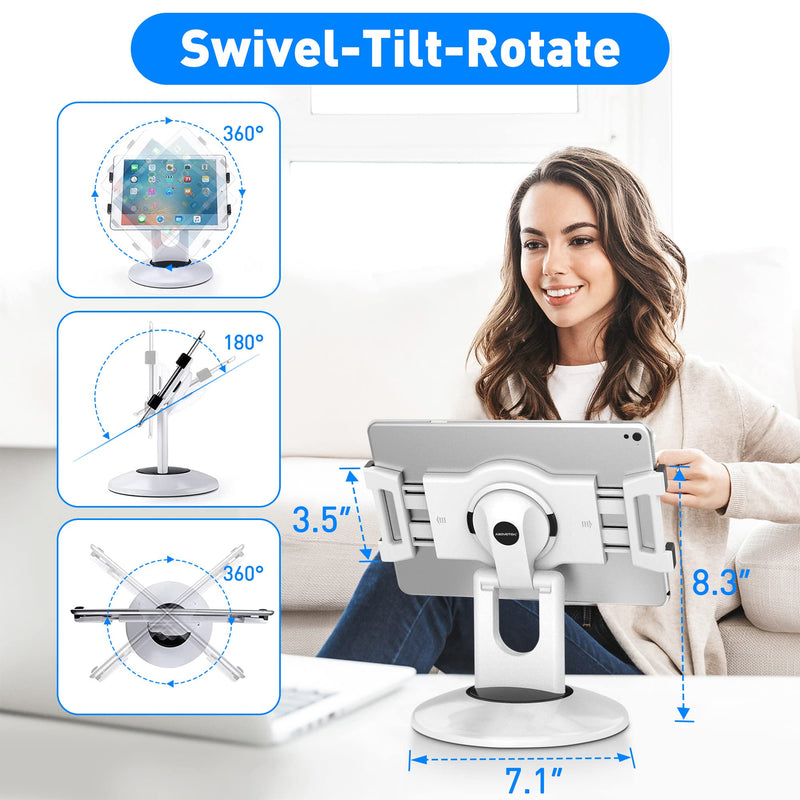AboveTEK Retail Kiosk iPad Stand, 360° Rotating Commercial POS Tablet Stand, Fits 6"-13" (Screens) iPad mini Pro-Business Swivel Tablet Holder, for Store Office Reception Kitchen Desktop (White) White
