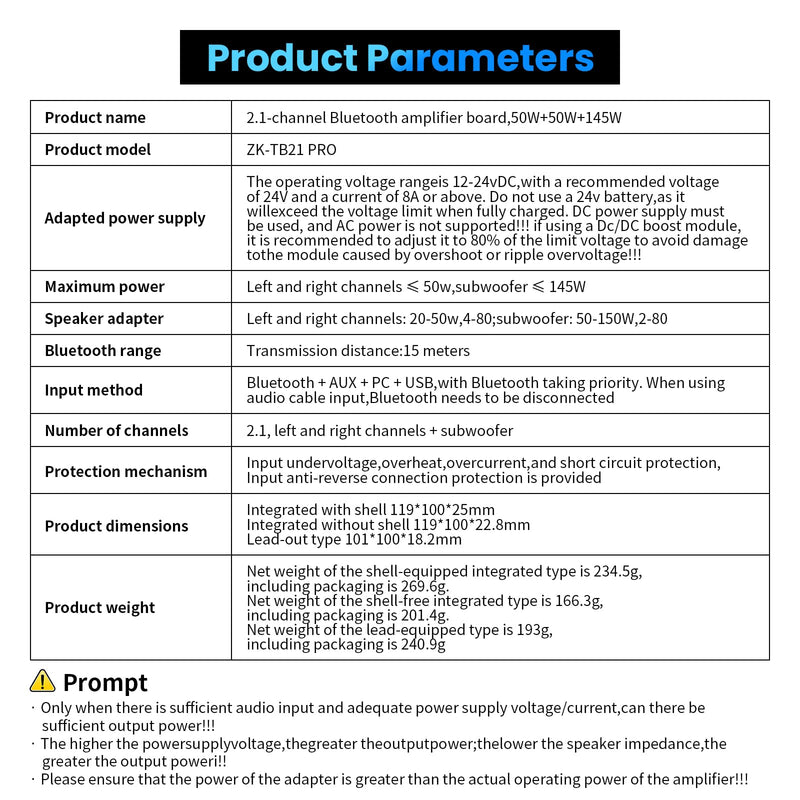 Bluetooth Audio Amplifier Board, ZK-TB21PRO 2.1CH 50W×2+145W Subwoofer Amp | with USB Lossless Decoding, SOP8/DIP8 Dual Package, Mic & Subwoofer Expansion Ports, Enhanced Heat Sink