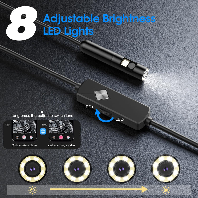 Endoscope with Light, 1920P HD Borescope with 8 Adjustable LED Lights, Semi-Rigid Snake Camera, IP67 Waterproof Inspection Tool for iPhone & Android - 16.4FT-Dual Lens (Black) Black