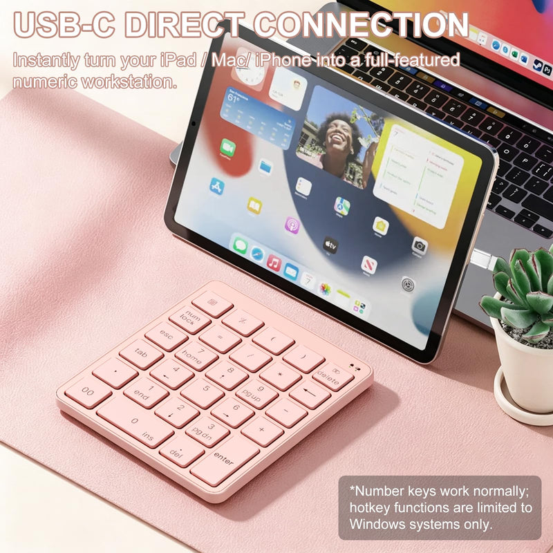 Wireless Number Pad with USB to USB-C Adapter, Numeric Keypad Numpad 28 Keys Portable 2.4 GHz Accounting Number Keyboard, 10 Key USB Keypad for Laptop, PC, Desktop, Surface Pro, Notebook - Pink