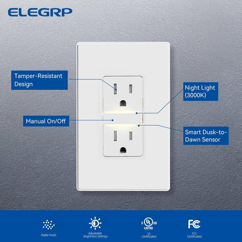 ELEGRP Decorative Outlet Night Light, Electrical Wall Outlets with Built in Led Guidelight 3000K, Tamper Resistant Receptacle, 15 Amp 125 Volt, Plate Cover Included, Matte White, 4 Pack Wall Plate Included Warm White