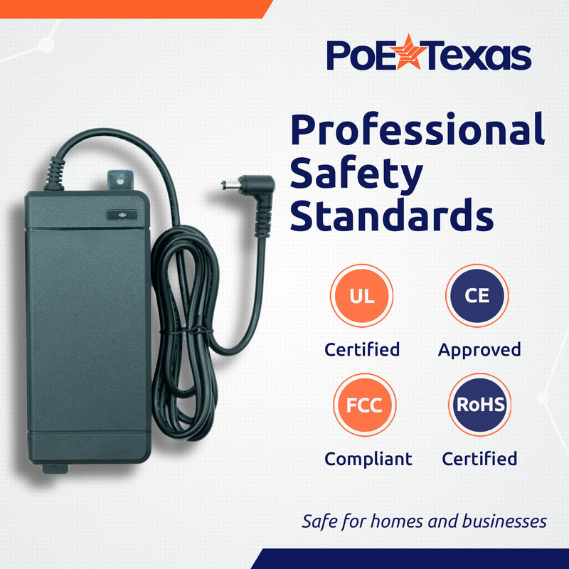 PoE Texas 48 Volt 120 Watt DC Power Supply with Wall Mount Tabs - Compatible with Power Over Ethernet Injectors, Switches, and Other Applications - 100-240V AC Input - 5.5X 2.1mm DC Barrel Connector 48V 120W
