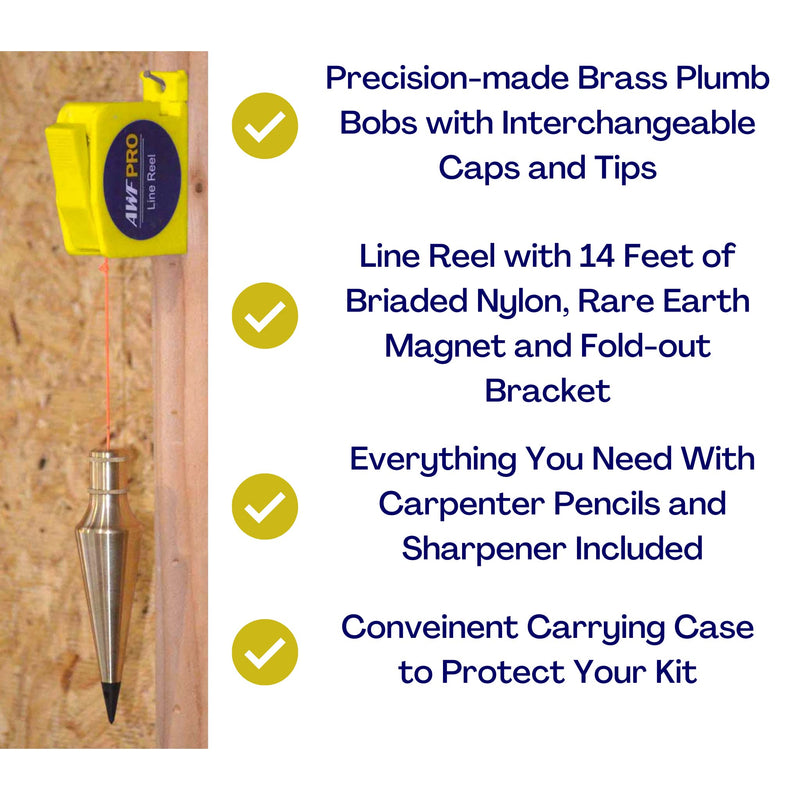 AWF PRO Plumb Bob Kit - 16 oz and 8 oz Solid Brass Plumb Bobs, 14 ft Retractable Line Reel with Magnetic Base, 2 Pencils, Pencil Sharpener, Carrying Case 1