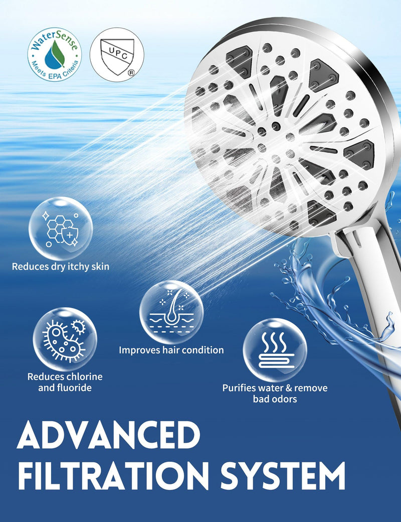 Filtered Shower Head with Handheld and Hose, 10 Spray Modes High Pressure Showerhead for Hard Water, Water Saving Removable Filter with Beads, Chrome Finish, WaterSense & CUPC Certified