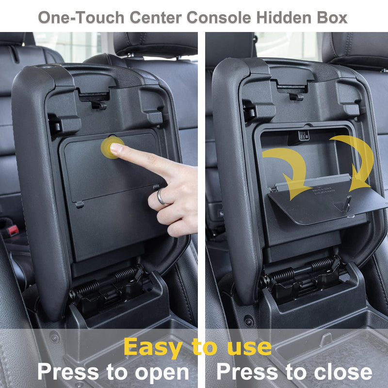 Center Console Hidden Organizer Box Compatible with Jeep Wrangler JL/JLU 4XE and Jeep Gladiator JT 2018-2023 2024 2025 Accessories Armrest Secret Compartment One-Touch Hidden Storage（Patent Design） 2018-2024 JL/JLU and JT