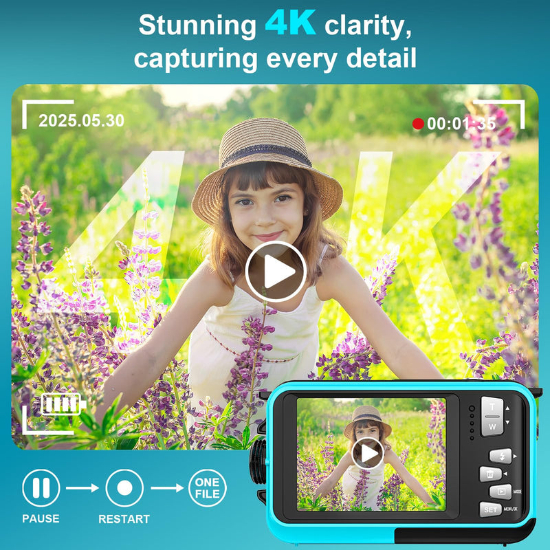 4K 64MP Underwater Camera 16FT Compact Digital Waterproof Camera Floatable | Dual-Screen Selfie, 1250mAh Battery,16X Digital Zoom,Autofocus,Fill Light, With 32GB Card, Snorkeling & Underwater Trips Blue
