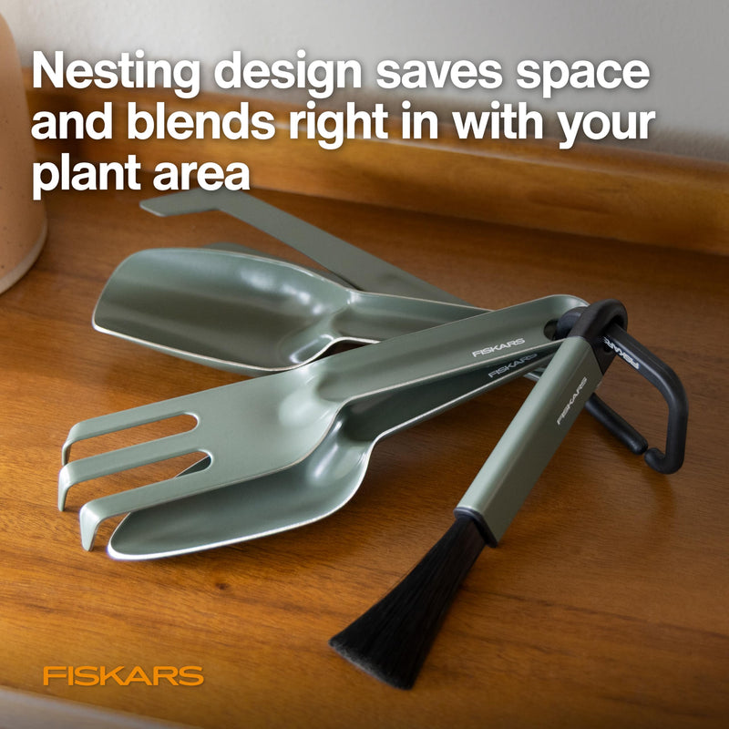 Fiskars 5-Piece Plant Cultivating Tool Set, Nesting Trowel, Soil Scoop, Cultivator, Tongs & Brush for Indoor Gardening, Stainless Steel w/Green Powder Coat Finish, Space Saving Design for Houseplants 5-Piece Set