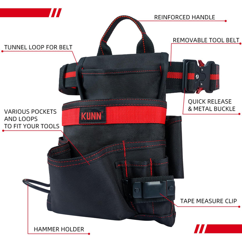 KUNN 10-Pocket Carpenter Tool Pouch,Adjustable 2-Inch Belt Heavy Duty Construction,Hammer Holder and Tape Measure Clip Style A