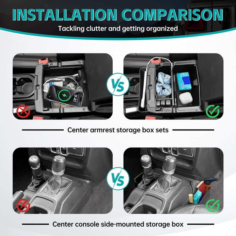 3PCS Center Console Organizer Combo Kit Compatible with 2018-2025 Jeep Wangler JL JLU 4XE Rubicon Sahara & Gladiator JT Accessories, Insert/Hanging Armrest Storage Box & Gear Shift Side Tray