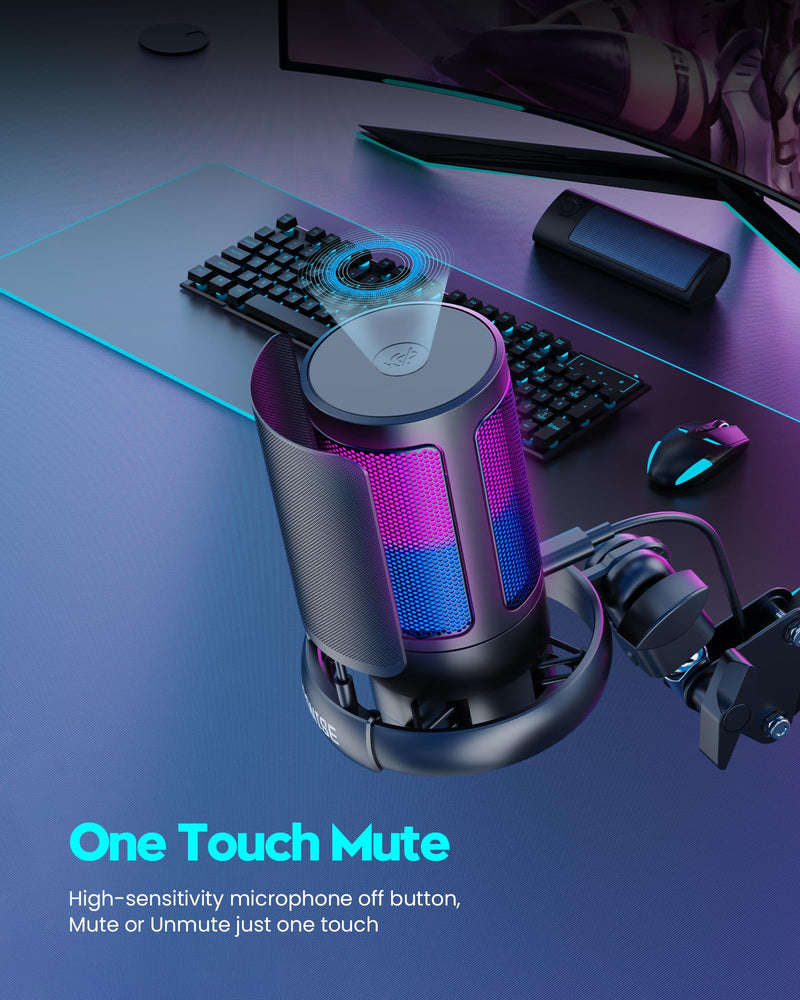 Gaming Microphone, USB PC Mic for Podcasts Videos, Streaming, Condenser Mic with Quick Mute, Tripod Stand, Pop Filter, RGB Indicator, Shock Mount, Rotate gain button, Compatible with PS4/5/PC With Boom Arm