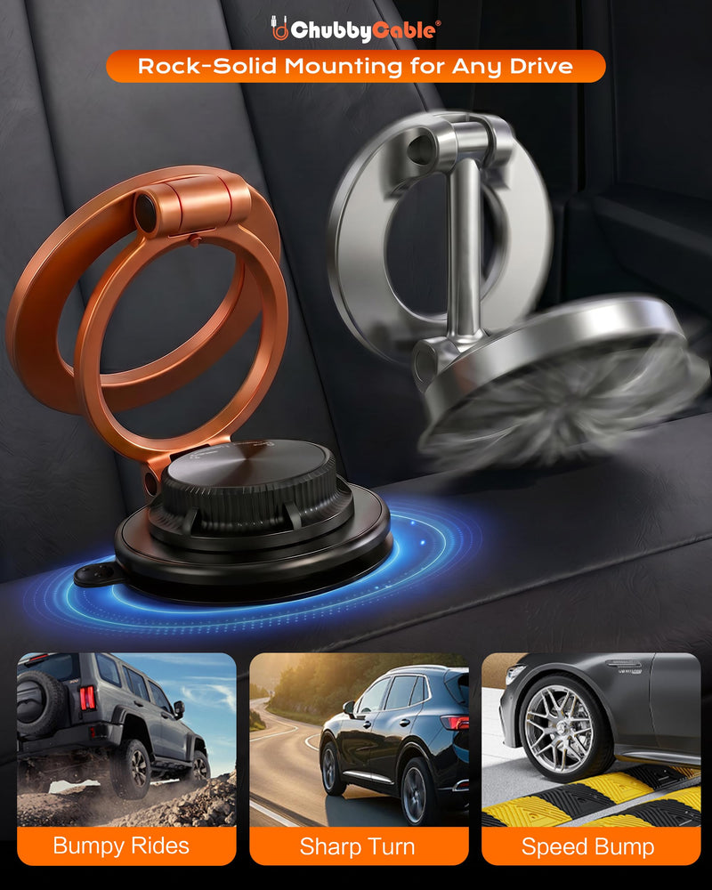 chubbycable Magnetic Car Phone Holder 360° Rotation with Vacuum Base | Foldable design with ultra-strong magnetic hold, vacuum suction base, compatible with MagSafe iPhone 12-17 series and Android Vacuum Base-Orange 1 Pack
