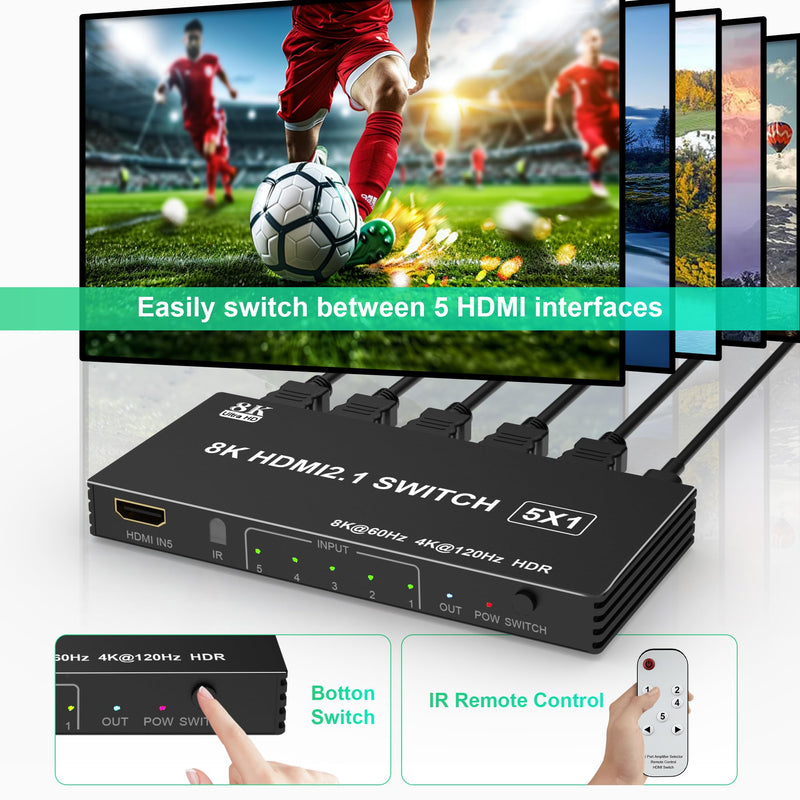 8K HDMI Switch 4K 120Hz - 5 in 1 Out HDMI Splitter Switcher 8K@60Hz 4K@120Hz with Remote 3D HDR10+ HDCP 2.3 CEC, Use for PS5/4/3 Xbox DVD Player Fire Stick Roku TV PC Nintendo Switch