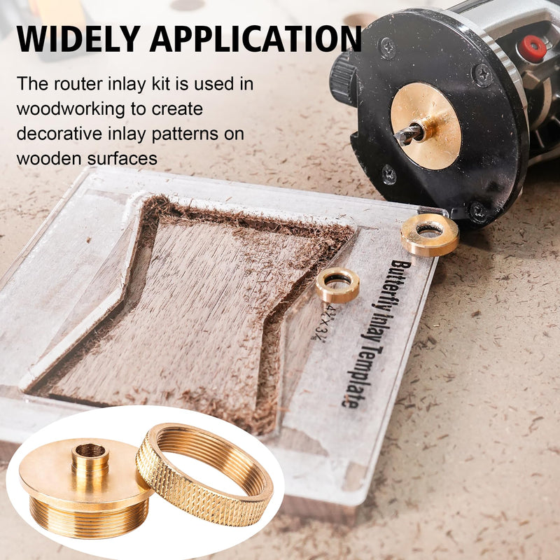 SpeTool Router Inlay Kit, Solid Brass Inlay Bushing Kit Includes 1/8 Inch and 1/4 Inch Cutting Diameter with 1/4 Shank Carbide Spiral Upcut Bit, Router Bushing Guide Set for Wood