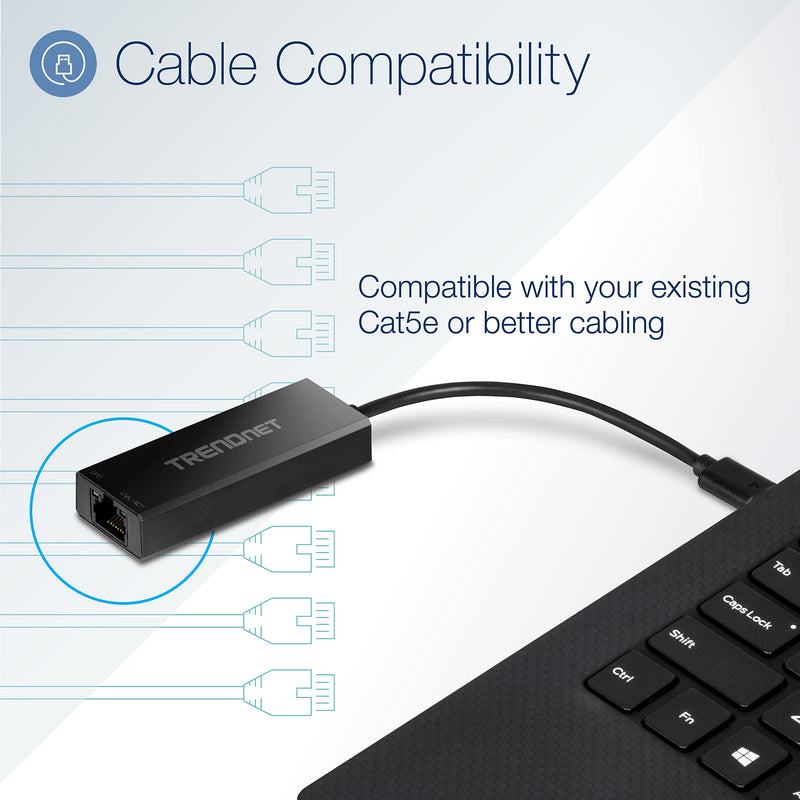 TRENDnet USB-C 3.1 to 2.5GBASE-T Ethernet Adapter, TUC-ET2G, NDAA & TAA Compliant, Windows & Mac Compatible, USB Type-C to USB-A Converter Included, Up to 2.5Gbps Speeds, Black USB-C | USB 3.1 2.5 Gbps