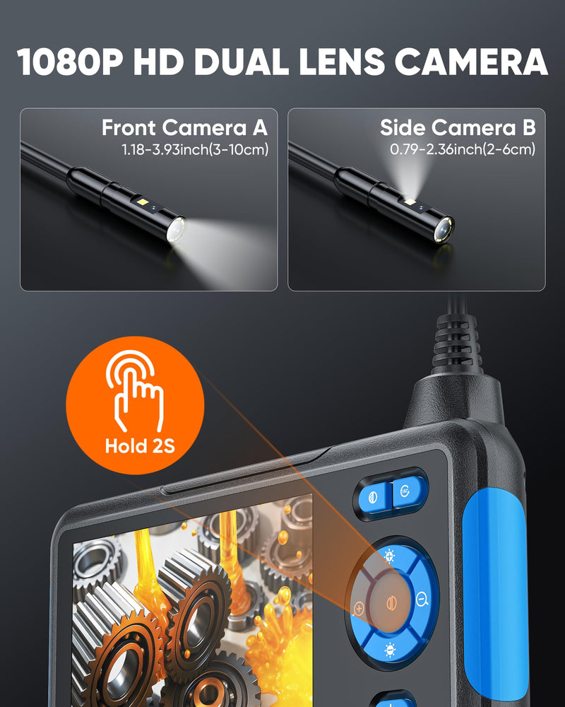 T TAKMLY Endoscope Camera with Light, 4.3'' Inspection Snake Cameras, 1080P HD Borescope, Dual Lens, IP67 Waterproof Snake Camera for Inspecting Walls, Vents, Automotive Engines, Pipes, 16.4FT Blue