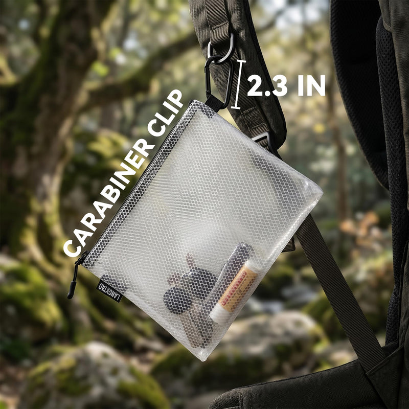 5 Pack Clear Zipper Pouches, Tool & Cable Organizer Waterproof Travel Pouch | Build In Carabiner Clip & Label Sticker, Waterproof Pouch, Mesh Zipper Pouch Bags, Tool Bag, Travel & Tech Pouch, Multi-Size