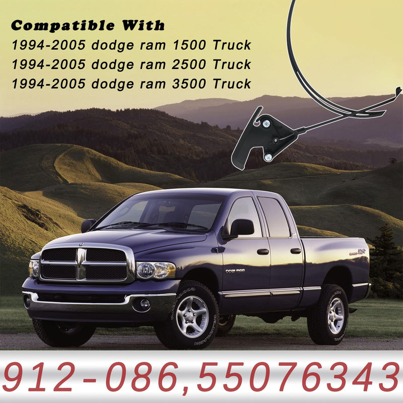 TQPONLY 912-086 Hood Release Cable & Pull Handle Compatible with 1994-2005 Dodge Ram 1500 2500 3500 Pickup Truck Replaces 55076343 55075422 55275849AA