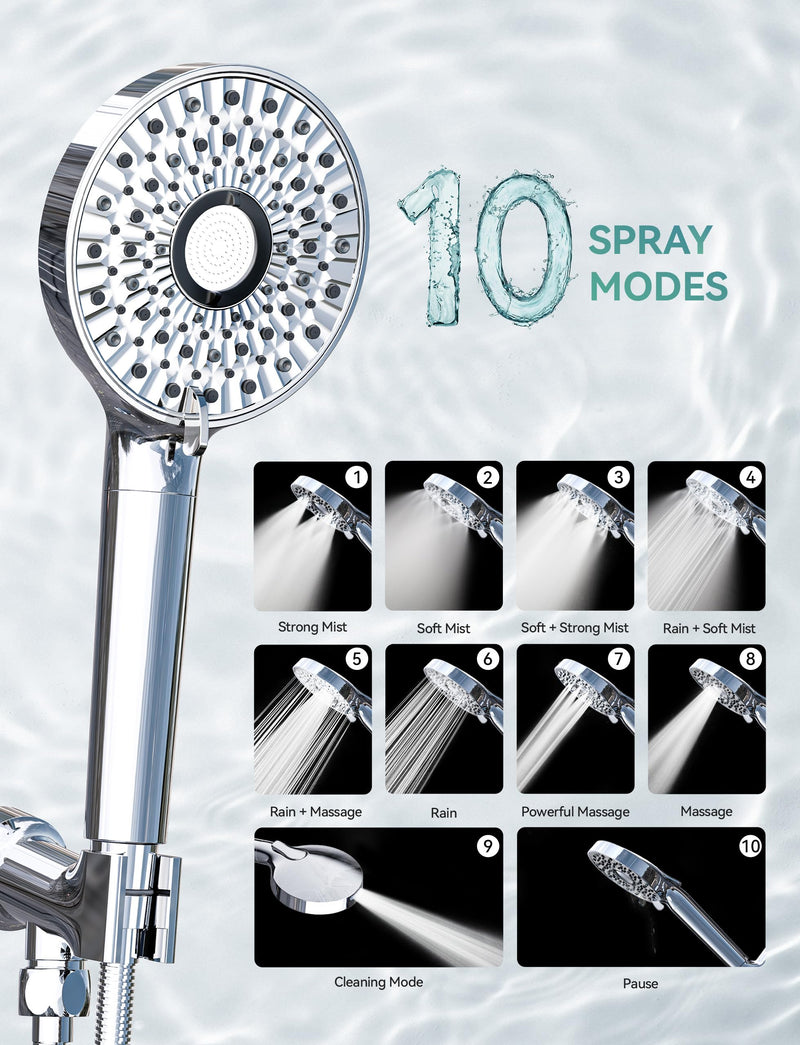 Magichome Filtered Shower Head with Handheld, High Pressure 10-Spd Detachable Chrome Showerhead with Stainless Hose, Water Softener Filter Beads for Hard Water - Remove Chlorine, Reduce Dry Itchy Skin Silver