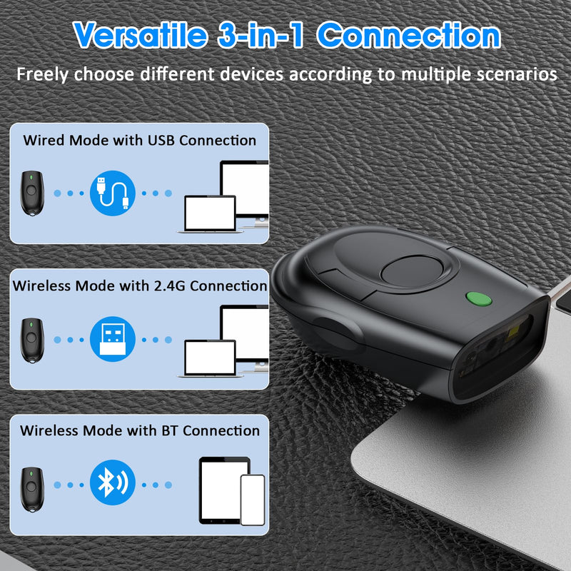 Symcode Bluetooth 2D Barcode Scanner Mini QR Portable Barcode Scanner 3-in-1 Bluetooth & 2.4G Wireless & USB Wired Barcode Scanner with Android,iOS,Computers,Windows, 2D QR Black