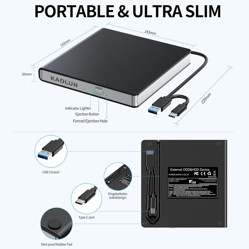 External CD DVD Drive for Laptop USB 3.0 USB C CD Burner External DVD Drive Portable CD ROM Burner Reader Writer Drive External DVD Player for Laptop Desktop PC Windows 11/10/8/7 MacBook Mac OS Linux black-2 in 1