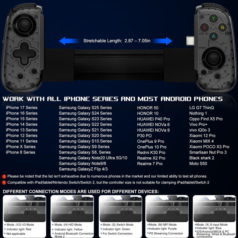 Mobile Gaming Controller for Android & ALL iPhone Series (Support USB-C & Wireless Connect) Phone Gamepad with Hall Effect Joystick, Turbo, Support Streaming, Cloud Gaming, Simulator, Plug & Play Black