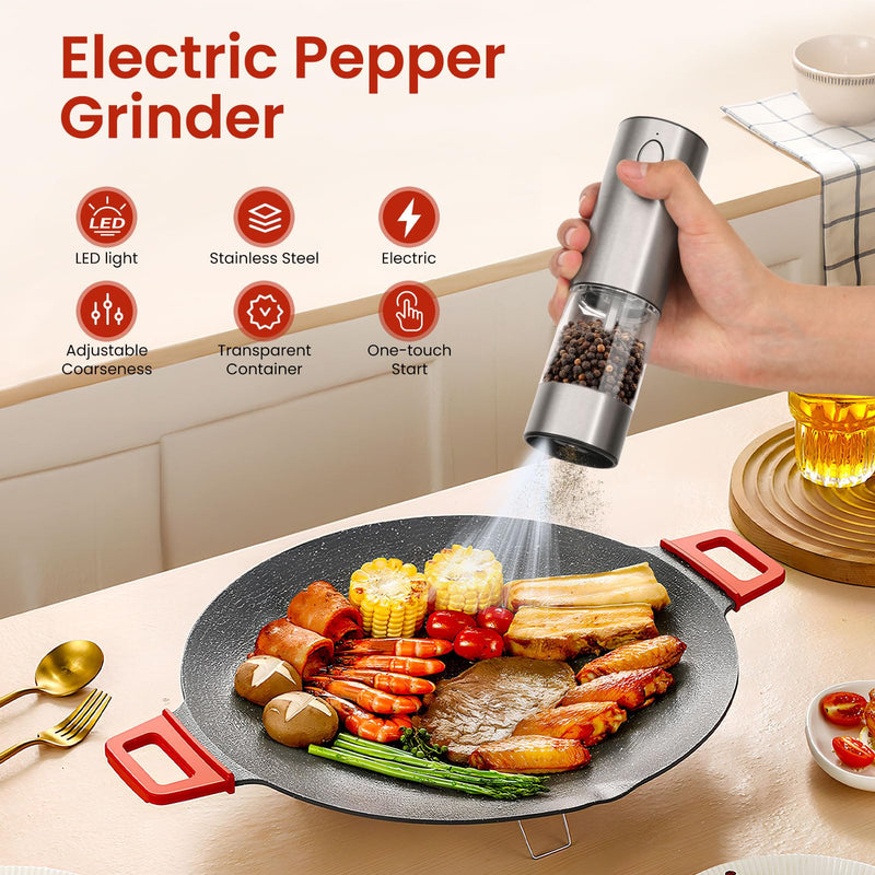 Electric Salt and Pepper Grinder Rechargeable with Light, Electric Salt and Pepper Shakers, Automatic & Adjustable Coarseness, Kitchen Gadgets, Stainless Steel Silver