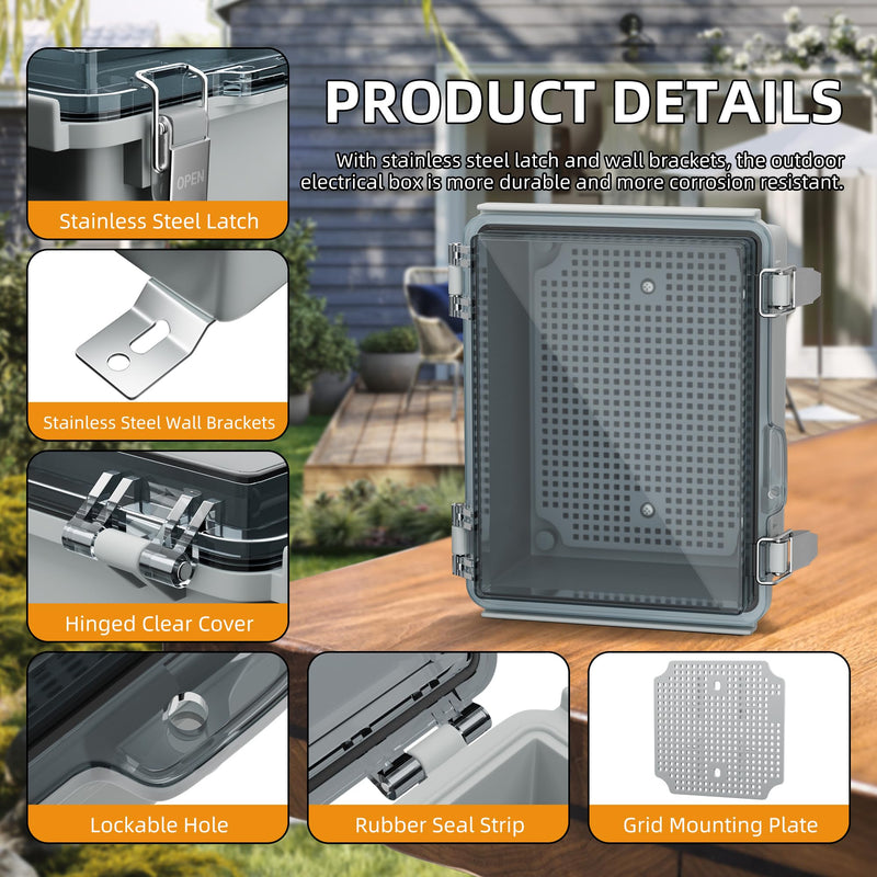 Joinfworld Outdoor Waterproof WiFi Enclosure 8.7x6.7x4.3 | Weatherproof Outdoor Electrical Junction Box, IP67 Rated, DIN Rail & Stainless Latch for Solar, Irrigation, Network & DIY 8.7"x6.7"x4.3" Clear