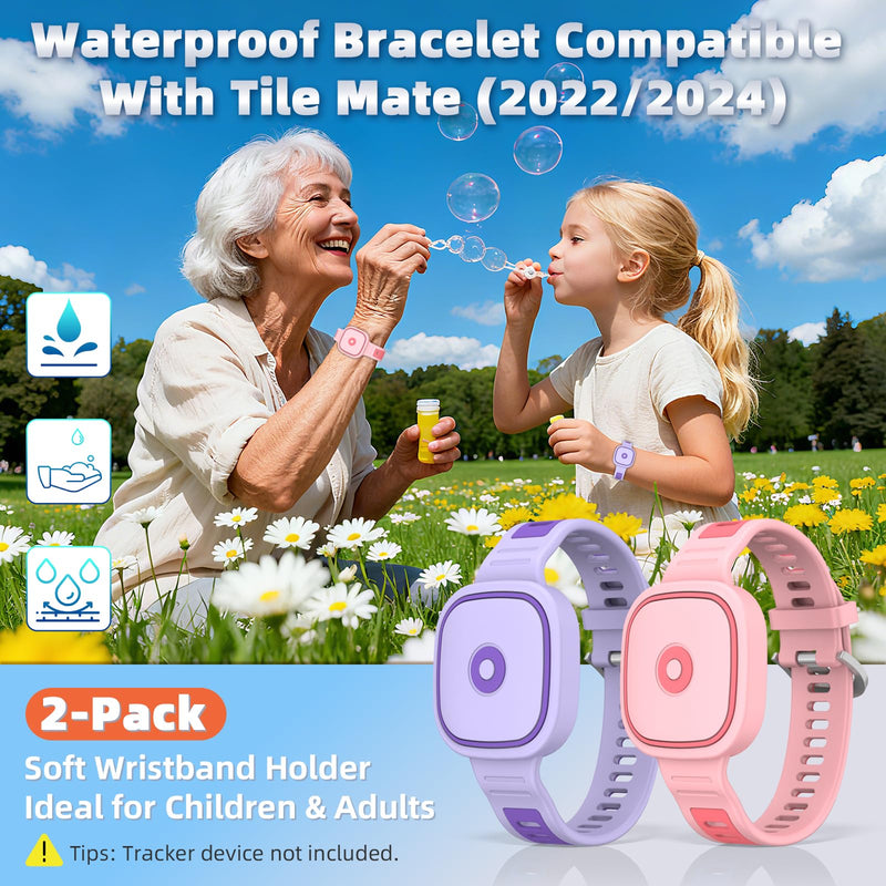 [2 Pack] Silicone Bracelet for Tile Mate (2022/2024), Waterproof Protective Case for Tile Life360 Mate Tracker Hidden Tile Mate Holder for Kids Teens Elderly (Pink+Purple) 2Pcs (Pink & Purple)