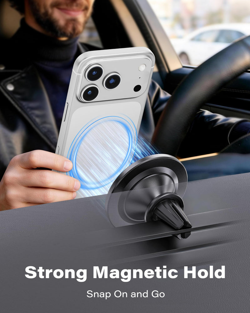 A2C for MagSafe Car Mount, One-Piece Magnetic Phone Holder for Car Vent | No Assembly,17 N54 Magnets,Silicone-Coated Metal Clips,One-Hand Operation,360°Adjustable Vent Phone Holder for Magsafe iPhone 1 Pack