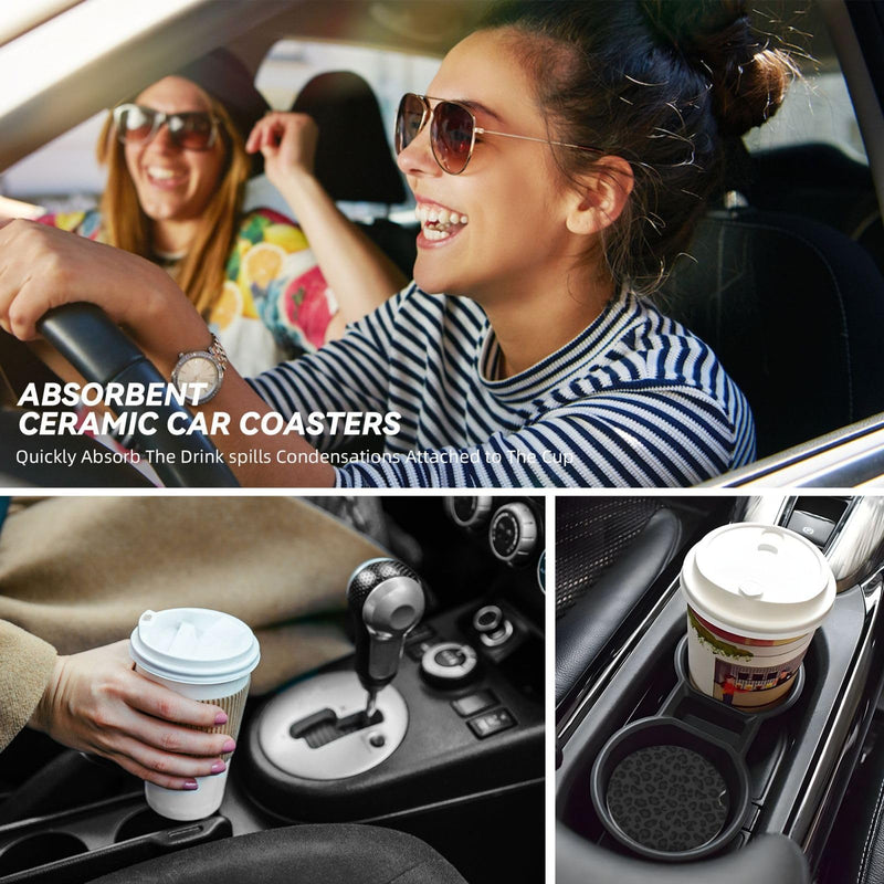 Car Coasters for Cup Holders, 2 Pack Absorbent Ceramics Anti Slip Universal 2.56 Inch Car Cup Coaster for Women Men, Car Interior Accessories - Black Leopard Cheetah Print 2.56 Inches