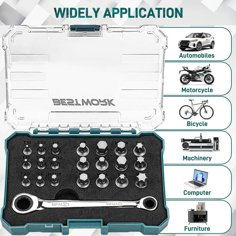 Stubby Torx/Hex Bit Set, with Ratchet Wrench, 22-Piece | Low Profile Torx Bit(T10-T55), SAE & Metric Hex Bit(5/32"-3/8" & 4-10mm), for Tight Space, S2 Alloy Steel