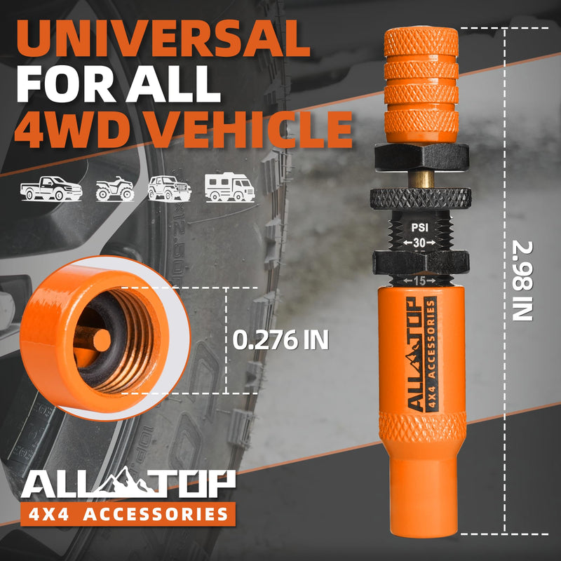  [AUSTRALIA] - ALL-TOP Adjustable Auto-Stop Tire Deflator Valve Kit (10-30PSI) 4 PCS Tyre Air Down Tool with Screw-On Back-up Valve Caps for Offroad 4x4 (2nd Gen) Orange