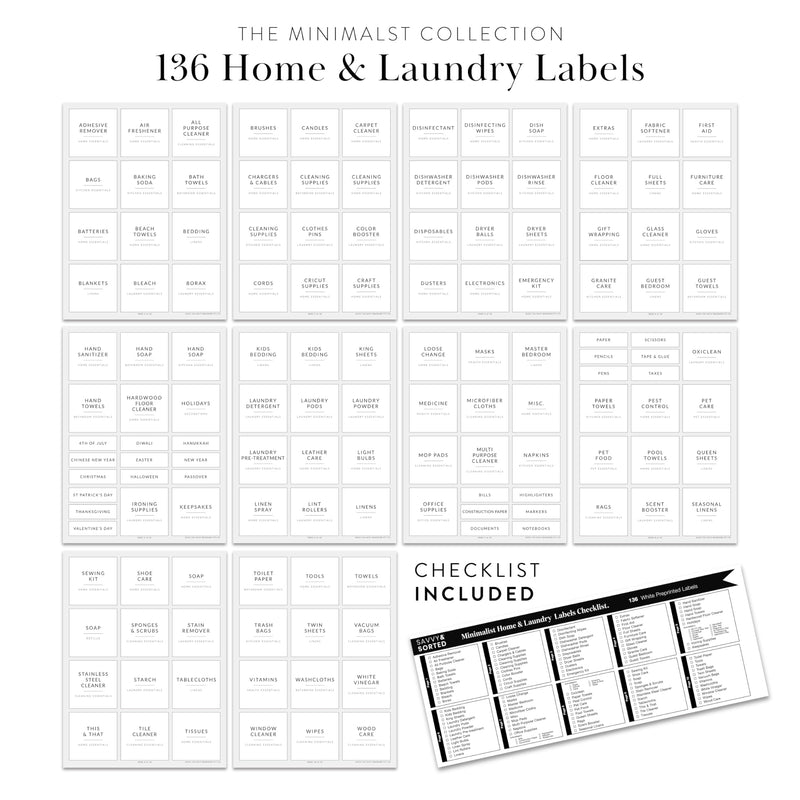Laundry Labels for Jars, 136 Preprinted Home and Laundry Stickers for Storage Bins, Bathroom Cleaning Jars, Containers, Spray Bottles, Linen Closet, Household Organization White Home & Laundry Labels