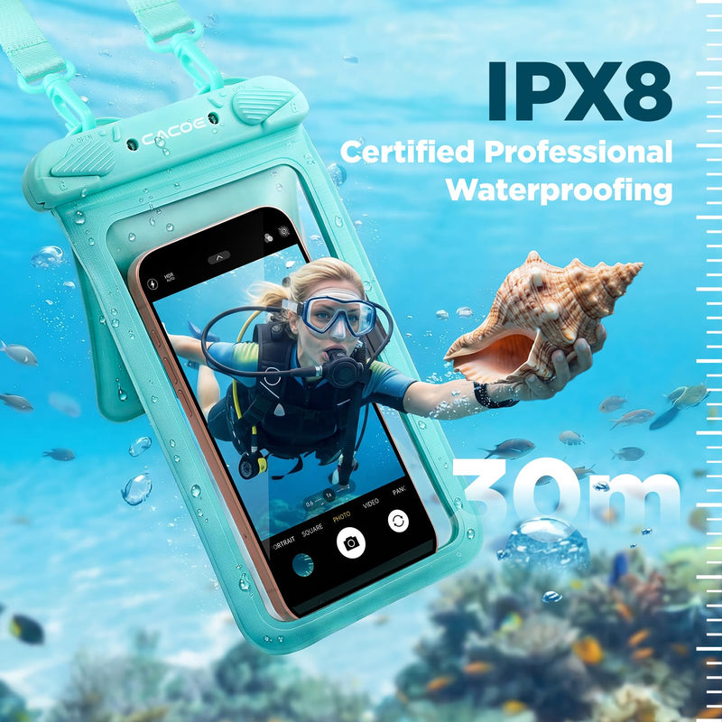 CACOE Waterproof Phone Pouch 2 Pack Up to 8.8", Double Bag, Black+Green | IPX8 Waterproof Phone Case,Adjustable Lanyard,Dry Bags for Beach/Cruise/Travel/Camping/Kayak/Hiking/Lake/Vacation Essentials