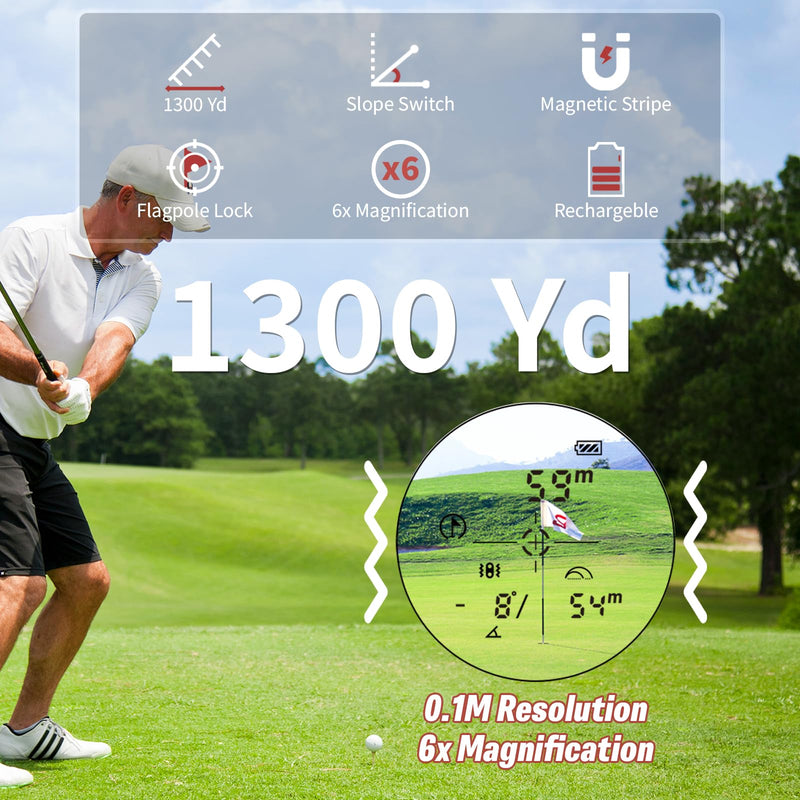 Golf Rangefinder 1300 Yards with Slope, 6X Magnification | Laser Range Finder for Hunter, Flag Lock Vibration & Magnetic, Rechargeable Golf Accessories for Men, Hunting Gifts for Men