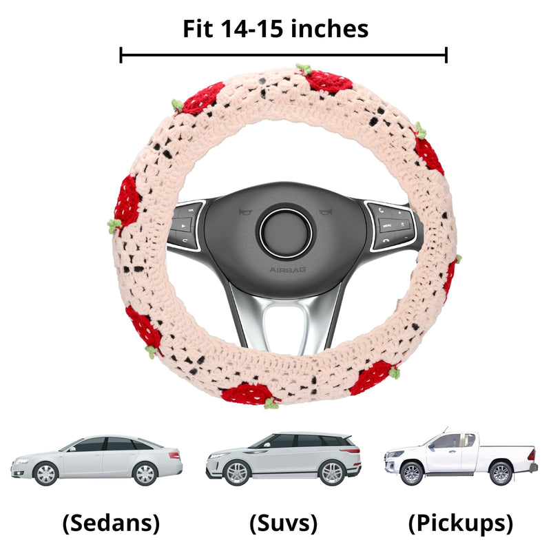 Crochet Steering Wheel Cover Set Women 14-15in, Handmade Granny Square Seat Belt Covers, Boho Strawberry Car Accessories Fit Vehicles, Sedans, SUVs, Vans CSWCS (Single Wheel Cover) Single Wheel Cover