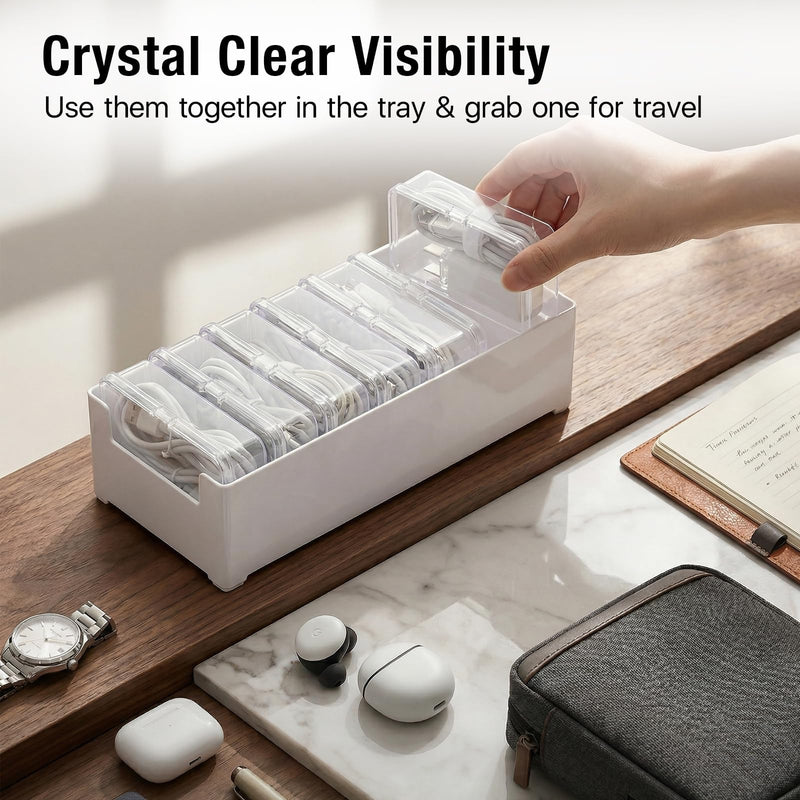 2 Pack 7 Individual Cable Organizer Boxes with Base | Tangle-Free Individual Compartments; Drawer & Travel Ready; Compact Desktop Organization; Easy-Access Open Lid