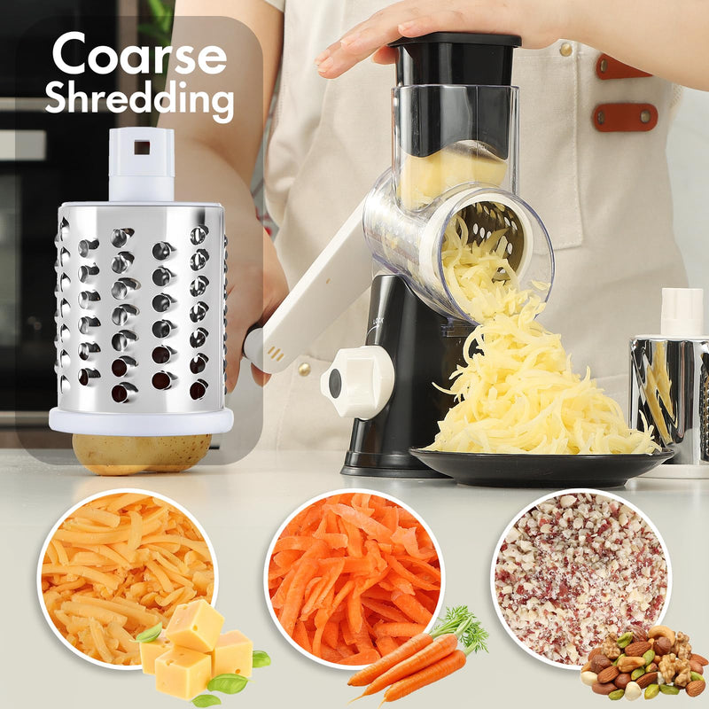 Cheese Grater Hand Crank, Rotary Vegetable Shredder with Handle and Strong Suction base, 3 in 1 Kitchen Speed Spin Veggie Slicer Nut Grinder for Pizza Top, Hash brown, Salad and More (Black) Stainless Steel + Plastic (BPA Free) Black