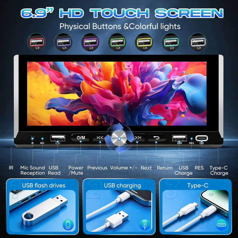 6.9" Single Din Radio Support Wireless Apple Carplay & Android Auto | Touchscreen Car Stereo with Bluetooth,1080P Backup Camera ,Mirror Link FM EQ SWC Navigation USB Type-C Fast Charging
