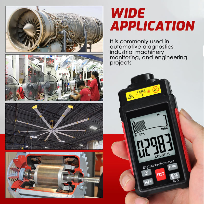  [AUSTRALIA] - Digital RPM Tachometer, Non Contact RPM Meter 10-99999 RPM High Accuracy Laser Tachometer Gauge with Reflection Tape, LCD Backlight, Data Hold & Max/Min/AVG Functions