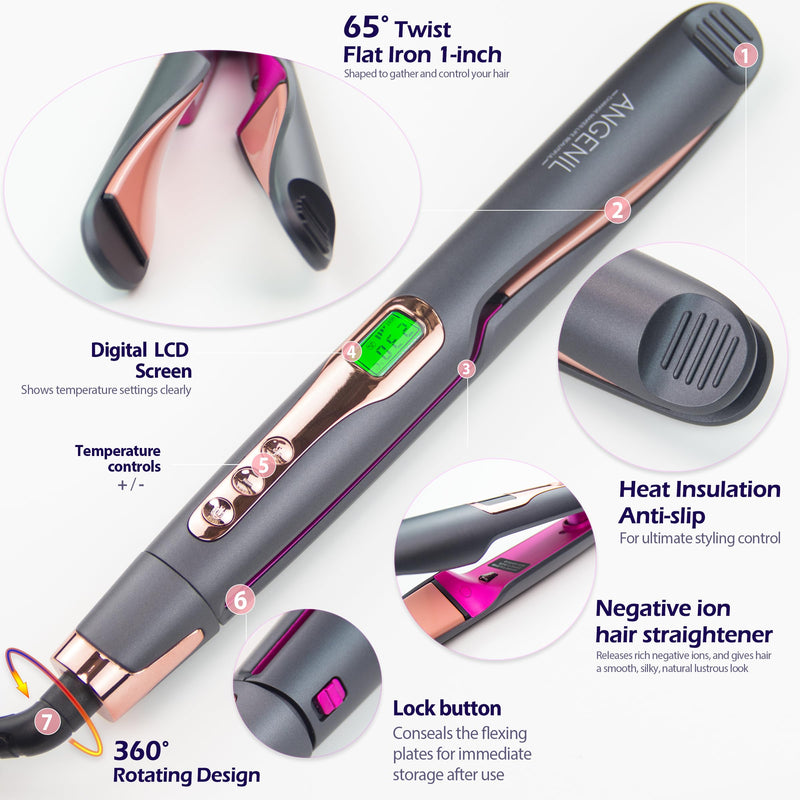 ANGENIL Twist Hair Straighteners and Curler 2 in 1, Flat Iron for Women | Dual Voltage Hair Straighteners Round Hair Curling Iron with Anti Silicone Mat, Multi-Stylers, LCD Display, (130°C-230°C) Twist Hair Straightener_grey