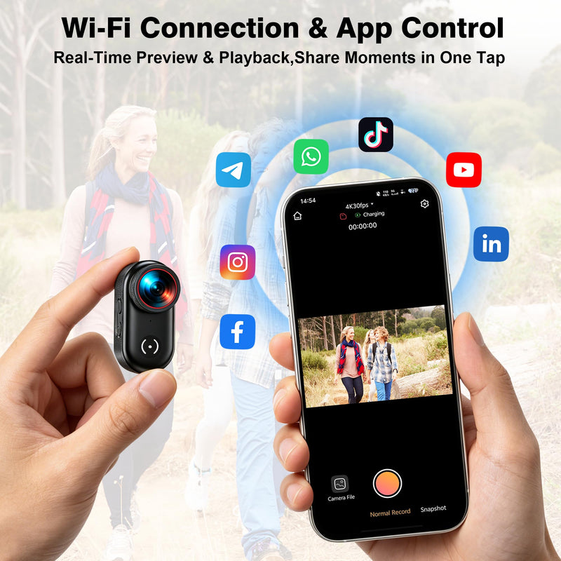 4K Mini Action Camera WiFi, Magnetic Wearable POV Body Camera with Audio | Thumb-Size 1.47" Screen, Hands-Free Recording, IP65 Waterproof, 150min Rec, 150° Lens for Cycling, Helmet & Outdoor Vlog