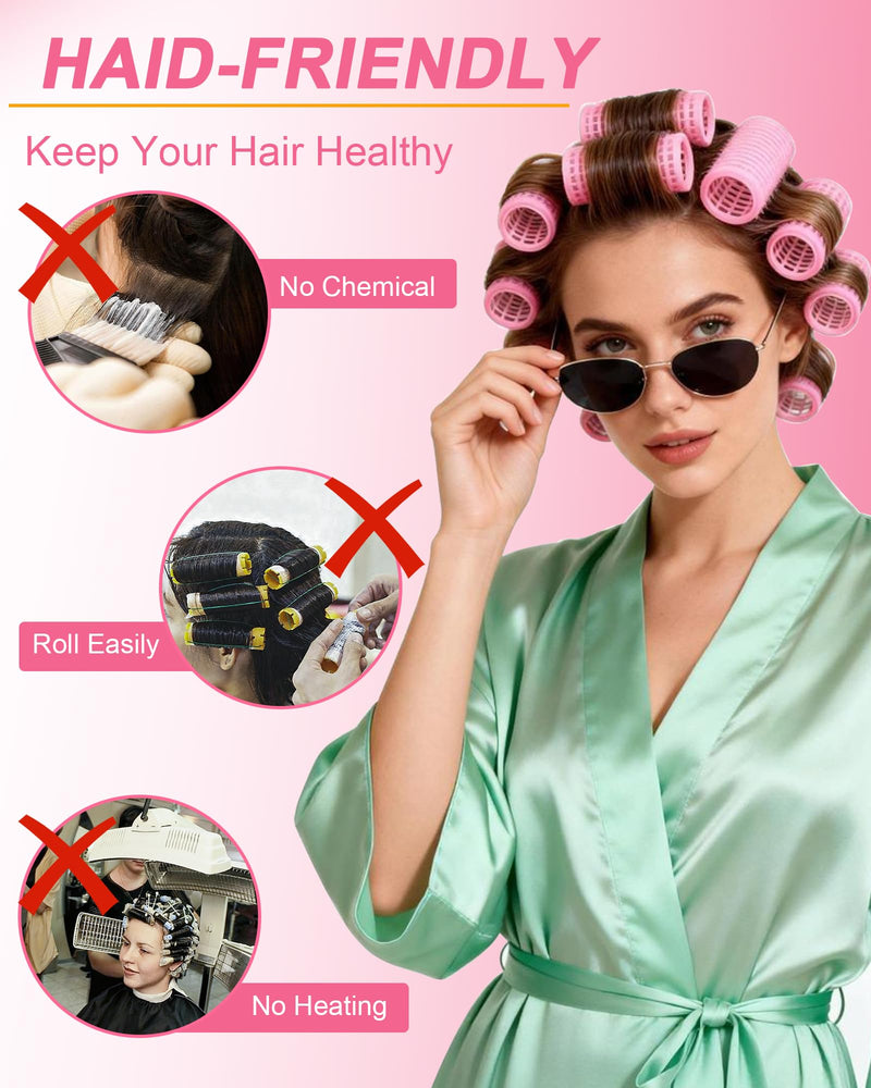 Hair Rollers with Clips 50PCS, Rollers for Hair Volume 4 Sizes | Includes 24 Clips And 4 Roller Sizes (60/48/36/25mm) For Long, Medium And Short Hair, Ideal For DIY Hair Styling Pink