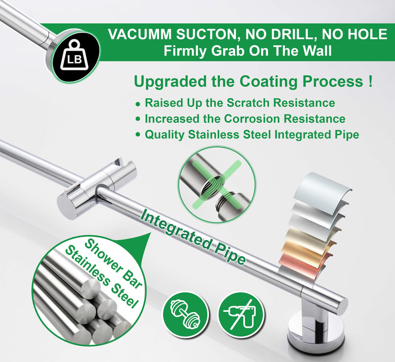 Upgraded 17.7 Inch Shower Slide Bar w/ Waterproof Suction Cup,SUS Metal Bar Heavy Duty, Removable & Adjustable Handheld Shower Head,Wall Mount Drill-Free Install No Tool,Bathroom Wall Protect Chrome Polish