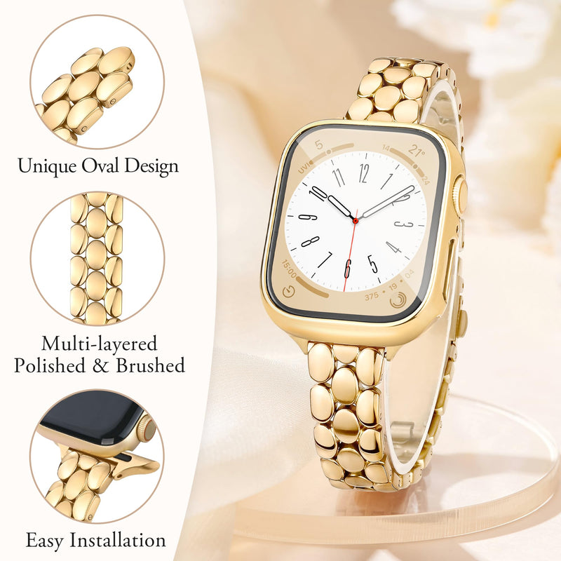 Melyis Slim Metal Band with Case Fits Apple Watch Bands for Women 42mm | Thin Stainless Steel iWatch Bands for Women, Dressy Band for Apple Watch with Screen Protector Series SE 9 8 7, Gold 42mm-Series 11 10