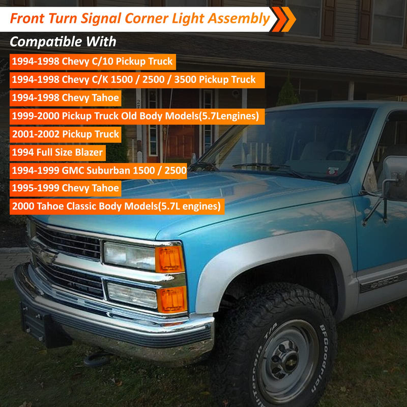 Bestview Front Turn Signal Corner Light Assembly, Upper Lower Side Marker Reflector Lamp, Chrome Housing Amber Lens Compatible with Chevy C/K 10 Pickup Truck 1500 2500 3500 1994-1998 Tahoe 1995-1999